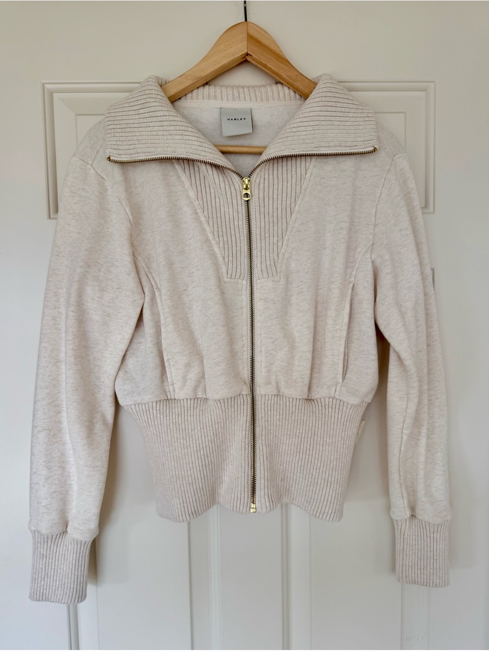 Varley Women's Cream Zip-Up Ribbed Collar Jacket M